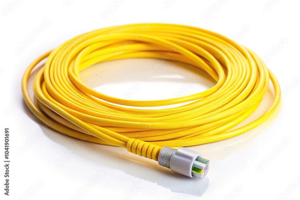 Yellow fiber optic cable against a white background panoramic Yellow fiber optic cable against a white background panoramic