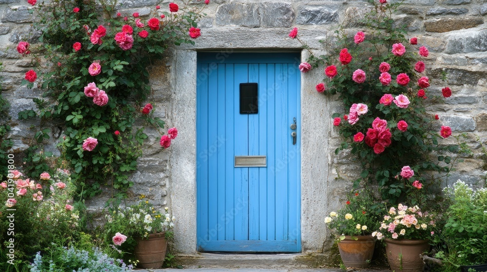 Obraz premium Quaint blue door entry framed by roses climbing a weathered stone cottage, creating an inviting and charming countryside scene.