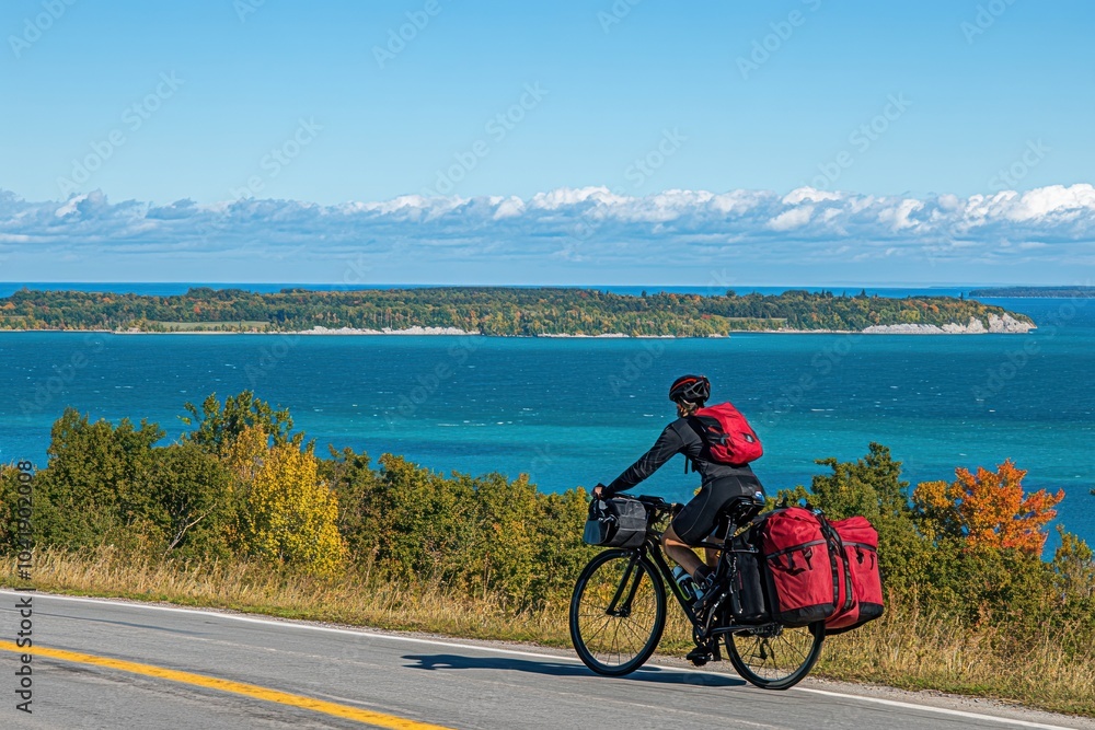 Fototapeta premium A cyclist rides along a scenic route with vibrant trees and a blue lake in the background.