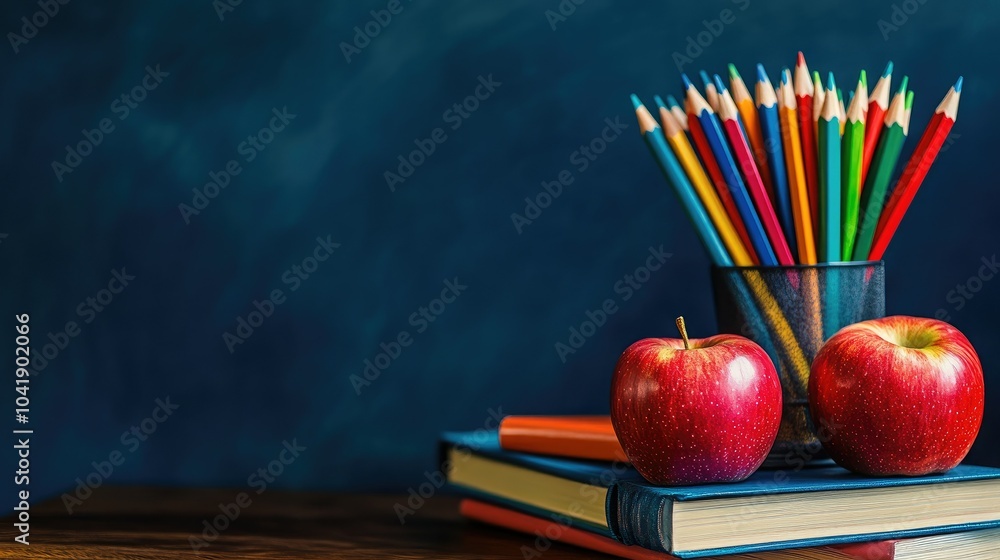 Red apples, books, and colorful pencils against a deep blue backdrop with a chalkboard, creating a vibrant back-to-school composition. Red apples, books, and colorful pencils against a deep blue backdrop with a chalkboard, creating a vibrant back-to-school composition.
