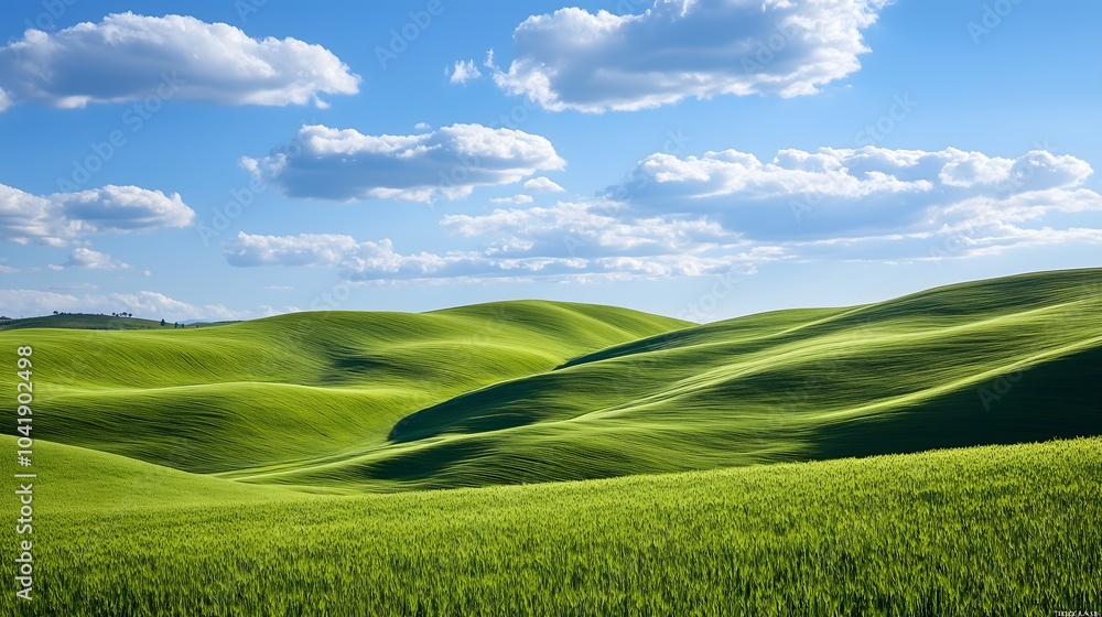 Obraz premium Sunlit Meadow Sways with Grass Clear Sky - Untouched Nature Across Rolling Field, Where Peaceful Countryside Landscapes Meet Hills Under Green Horizons