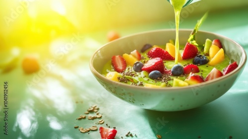 Vibrant green smoothie with fresh fruits and seeds in a sunlit setting