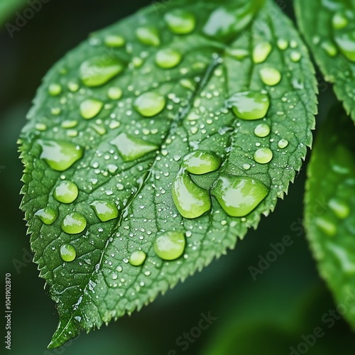 Close-up of a green leaf with fresh water droplets, showcasing nature's beauty, isolated on a blurred background. photo