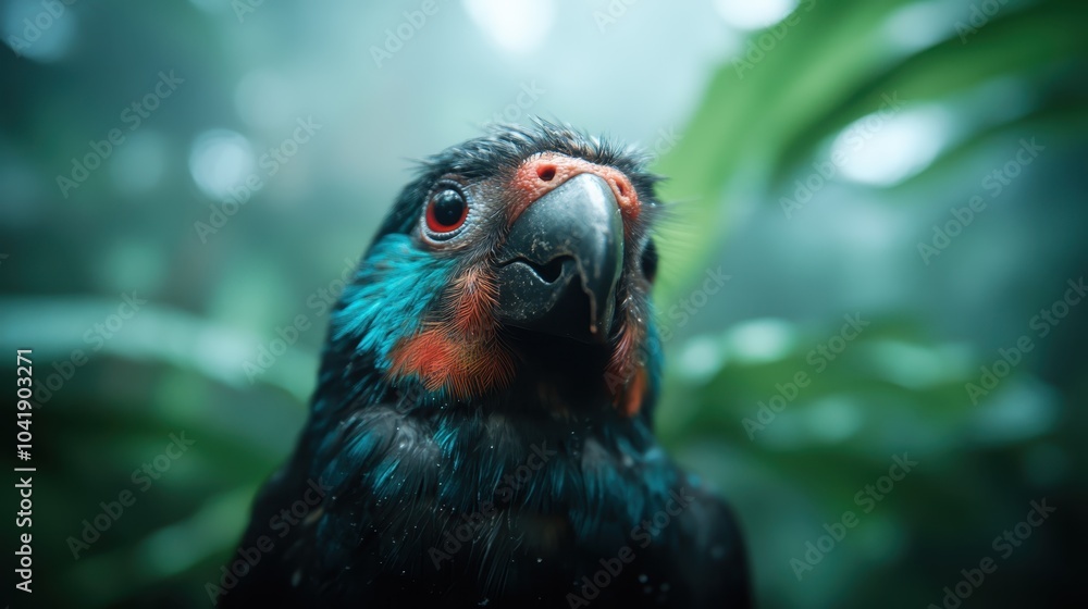 Obraz premium A beautiful and vivid bird with bright plumage peers from the mystical, fog-shrouded forest depths, surrounded by lush greenery and contrasting dark shadows.