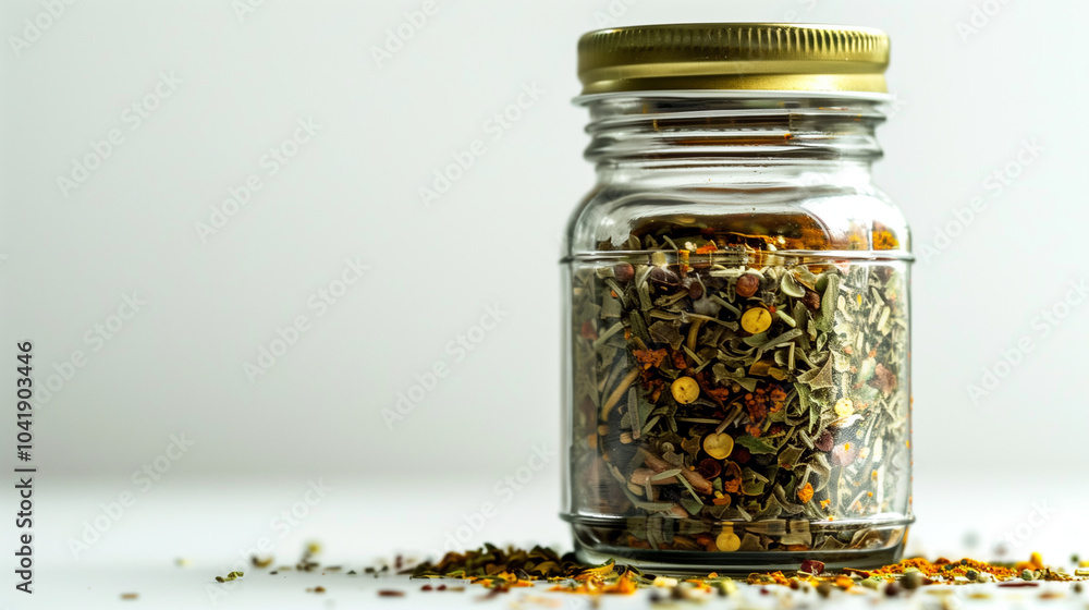 Close-Up of a Glass Jar Filled with Mixed Dried Herbs Close-Up of a Glass Jar Filled with Mixed Dried Herbs