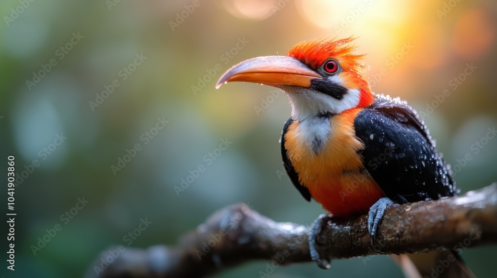 Fototapeta premium A rain-speckled toucan with striking orange and black plumage perches on a branch, framed by vivid sunset colors that highlight its compelling presence.