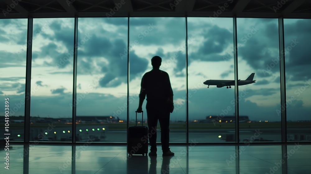 Man with Luggage Stands in Airport Terminal Before Travel - Silhouetted Against Airplane Windows, His Baggage Beside Him as Journey Begins, Business Passenger Awaiting Dawn Flight Man with Luggage Stands in Airport Terminal Before Travel - Silhouetted Against Airplane Windows, His Baggage Beside Him as Journey Begins, Business Passenger Awaiting Dawn Flight