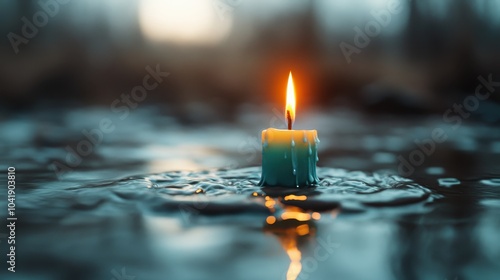 A single lit candle drifts on calm water, creating a serene atmosphere with its warm glow, surrounded by gentle ripples that evoke peace and tranquillity.