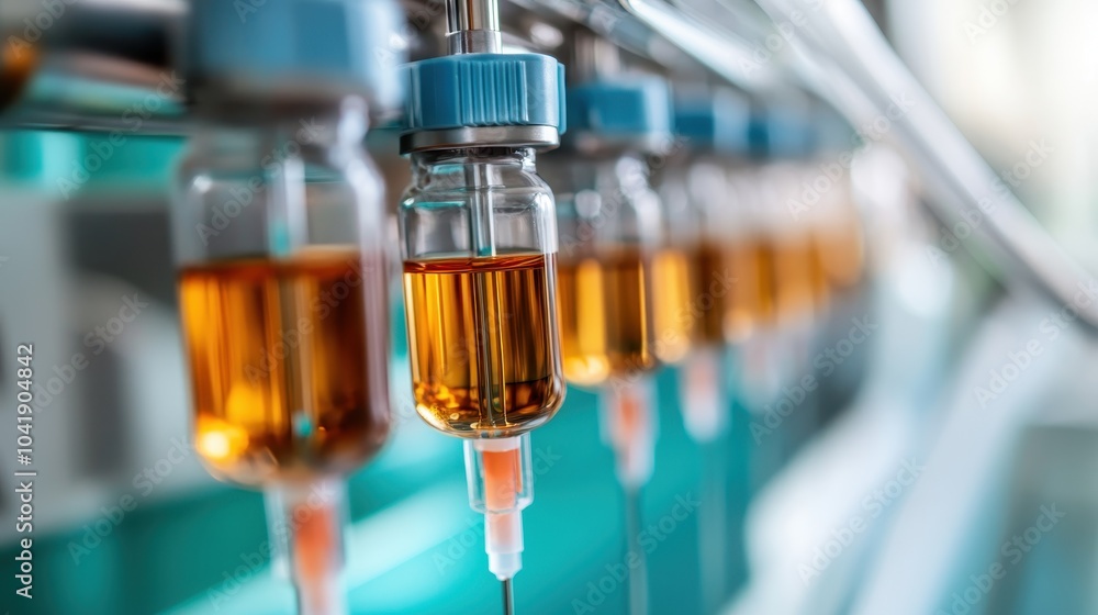 Rows of vaccine vials are lined up on an automated production line, demonstrating the advanced technology and precision involved in pharmaceutical manufacturing processes. Rows of vaccine vials are lined up on an automated production line, demonstrating the advanced technology and precision involved in pharmaceutical manufacturing processes.
