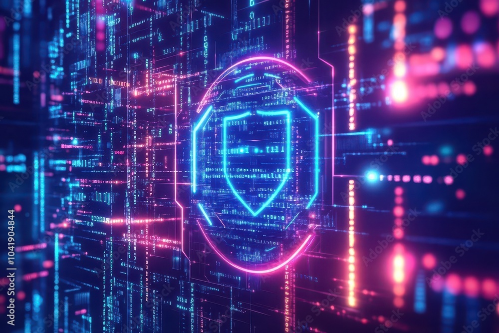 Digital shield in neon circuit background Digital shield in neon circuit background