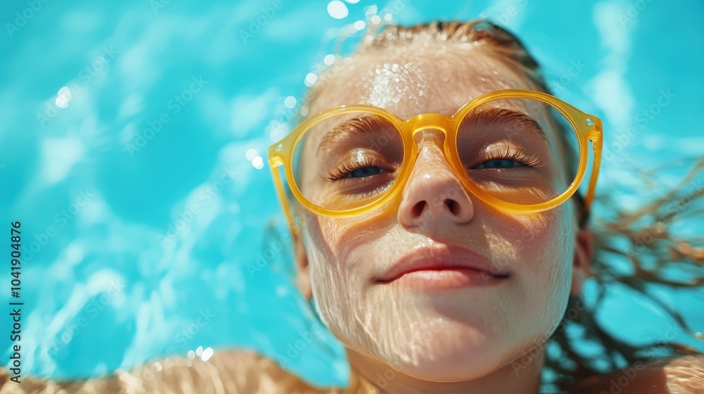 Fototapeta premium A smiling child wearing yellow goggles floats in a bright blue pool, capturing a moment of pure happiness and carefree joy under the sun's radiant light.