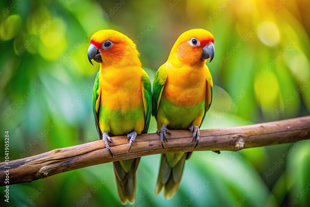 Obraz premium Yellow headed parakeets resting on tree branch in jungle