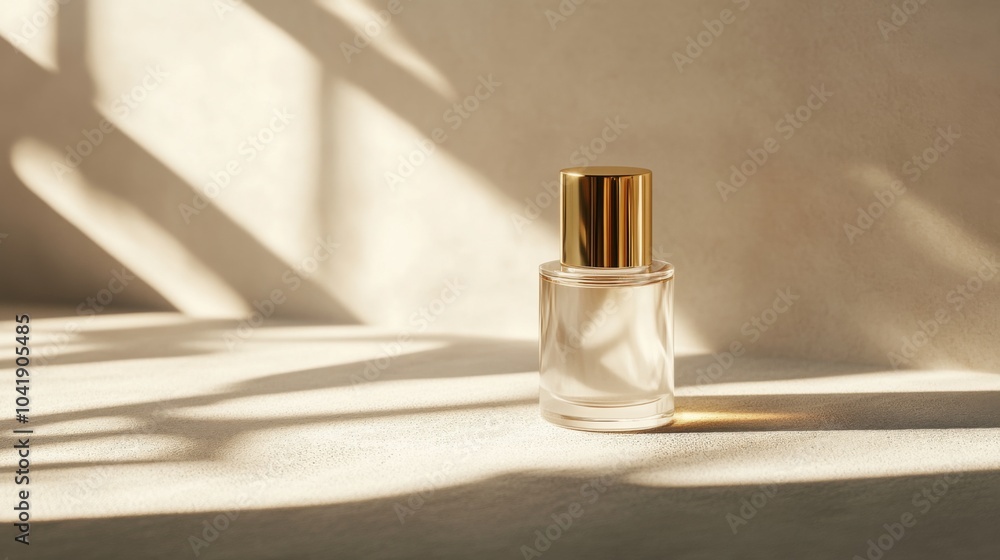 a floating glass cosmetic bottle with a gold cap a floating glass cosmetic bottle with a gold cap