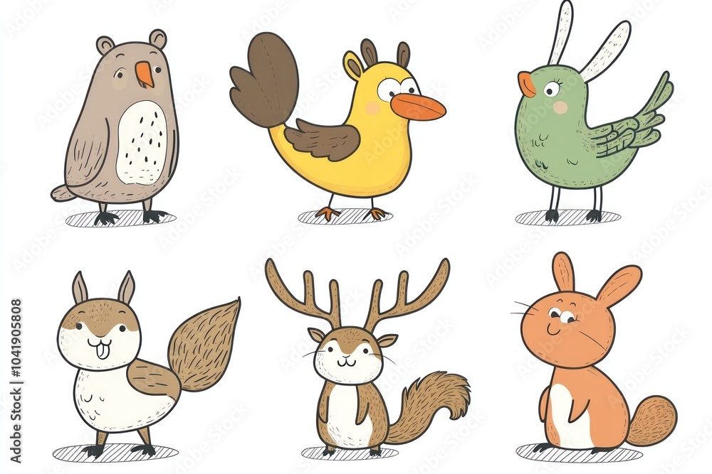 Naklejka premium Simple cartoon childrens coloring book character outlines for a bird & squirrel book. Moose, fish, deer, bunny and more creatures