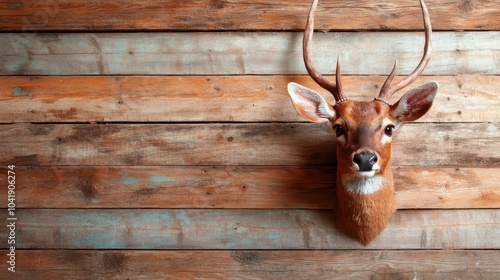 A brown deer head mount placed on a rustic wooden backdrop, blending earthly tones with modern design elements for an inviting interior aesthetic. photo