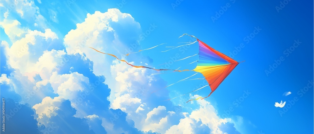 Wonder and Joy Lighthearted, a rainbow-colored kite soaring high against a bright blue sky, with fluffy white clouds in the background Wonder and Joy Lighthearted, a rainbow-colored kite soaring high against a bright blue sky, with fluffy white clouds in the background