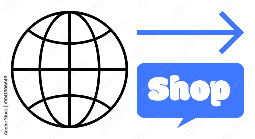 A simple globe graphic with a right-facing arrow pointing to, a blue speech bubble containing the word shop A simple globe graphic with a right-facing arrow pointing to, a blue speech bubble containing the word shop