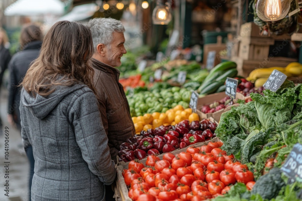People standing at a market with lots of vegetables People standing at a market with lots of vegetables