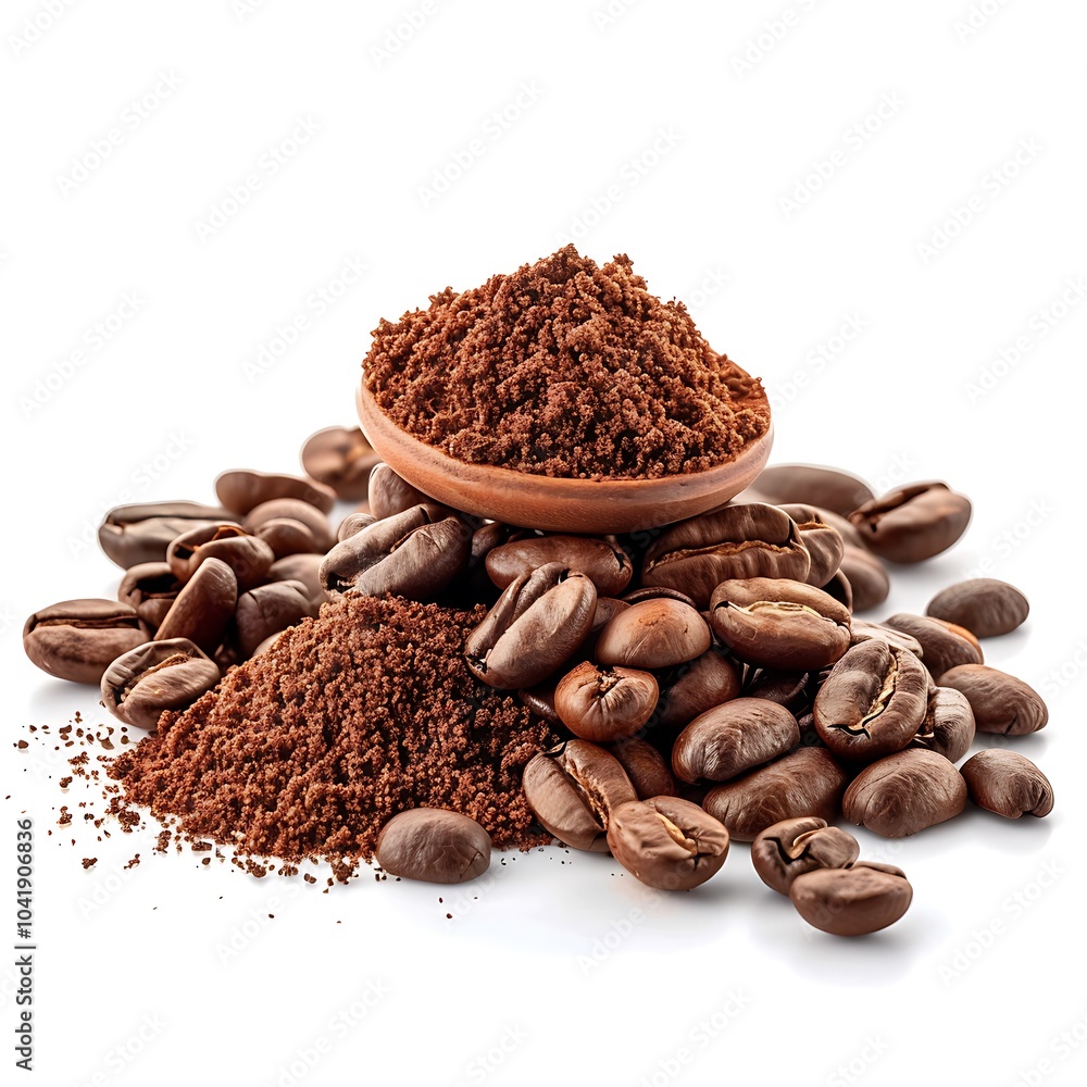 Heap of ground coffee and beans on white background Heap of ground coffee and beans on white background