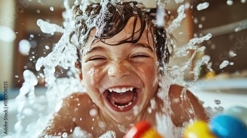 A young child grinning joyfully as water splashes around in the bathtub, highlighting the exuberance and delight of playful childhood moments captured perfectly. photo