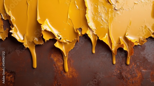 Mustard yellow paint with a creamy texture flows over a rusted, dark background, providing a captivating display of color and textural contrasts in one view. photo