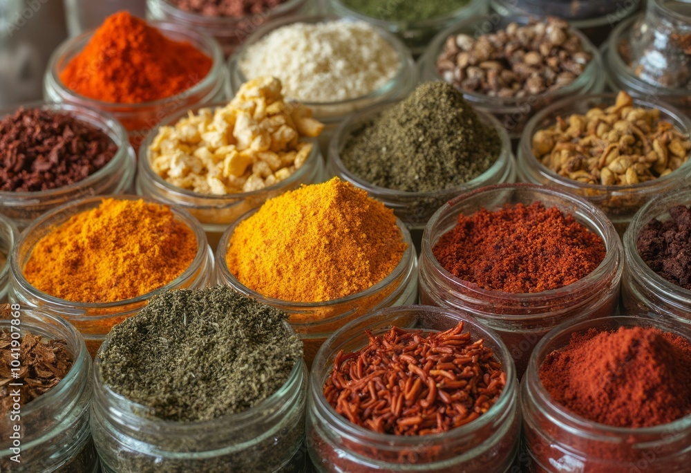 Colorful Spices And Herbs In Glass Jars Colorful Spices And Herbs In Glass Jars