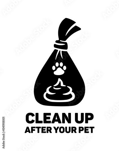 Clean up after your pet. Outline logo template with hygienic dog waste bag with poop icon. Flat style, simple black and white illustration. Responsible pet ownership concept.