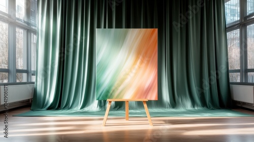 This striking abstract art piece featuring a gradient blend of colors prominently stands upon a wooden easel, bathed in sunlight through expansive windows. photo