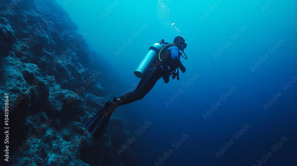 A diver exploring a vibrant underwater landscape, surrounded by marine life and coral formations in crystal clear blue waters. A diver exploring a vibrant underwater landscape, surrounded by marine life and coral formations in crystal clear blue waters.