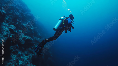 Wallpaper Mural A diver exploring a vibrant underwater landscape, surrounded by marine life and coral formations in crystal clear blue waters. Torontodigital.ca