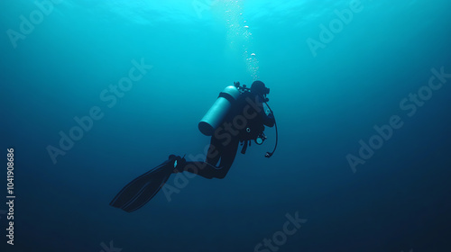 A diver exploring the deep blue ocean, surrounded by tranquil water and bubbles, showcasing the beauty of underwater diving adventures.