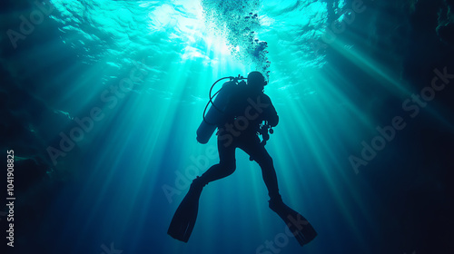 Wallpaper Mural A diver exploring the underwater world, illuminated by shafts of sunlight streaming through the surface of the water, creating a serene atmosphere. Torontodigital.ca