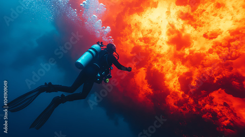 Wallpaper Mural A diver exploring vibrant underwater scenery, surrounded by bubbles and colorful marine life, highlighting the beauty of the ocean environment. Torontodigital.ca