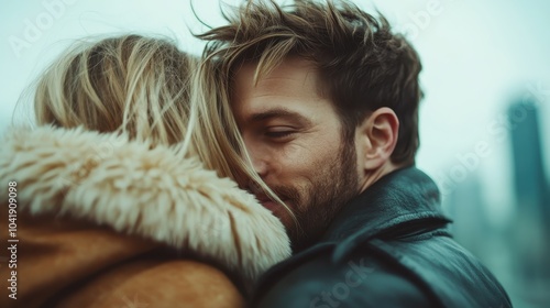 A couple finds comfort in each other's embrace, wearing warm coats. The serene background suggests a peaceful and intimate winter moment shared together. photo