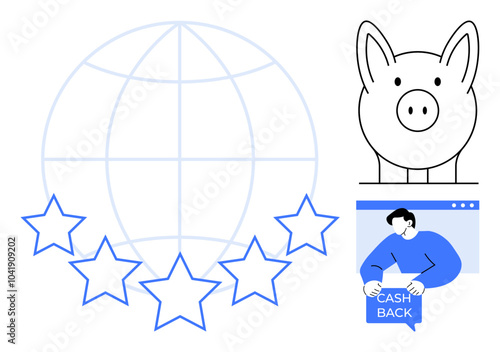 Large globe and five stars symbolizing global ratings. Piggy bank signifies savings and a person with a cashback coupon. Ideal for savings, marketing, e-commerce, finance, customer rewards. Simple