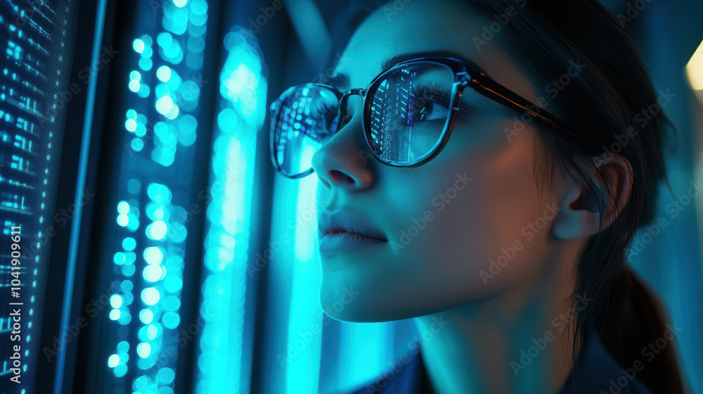 Close-up of a woman wearing glasses in front of a server rack Close-up of a woman wearing glasses in front of a server rack