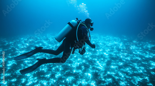 Wallpaper Mural A scuba diver exploring the stunning underwater world, surrounded by vibrant bubbles and shimmering aquatic life in clear blue waters. Torontodigital.ca