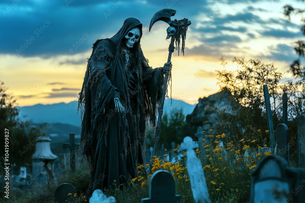 Fototapeta premium Santa de Muerte in a flowing, tattered cloak, holding a scythe in one hand, surrounded by a hauntingly beautiful graveyard at dusk.