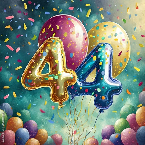 Birthday / anniversary balloon, number 44, colorful illustration with confetti and festive decoration photo