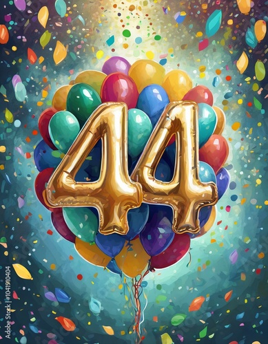 Birthday / anniversary balloon, number 44, colorful illustration with confetti and festive decoration photo