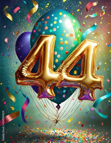 Birthday / anniversary balloon, number 44, colorful illustration with confetti and festive decoration photo