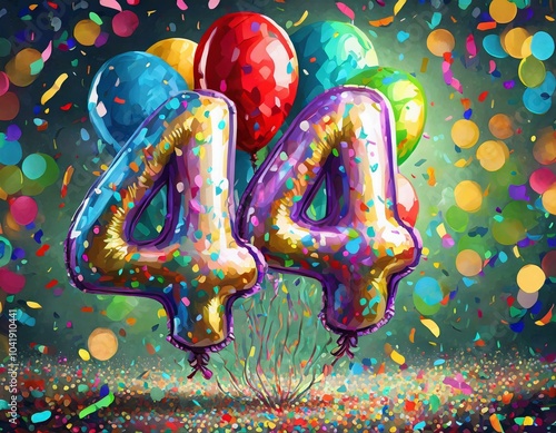 Birthday / anniversary balloon, number 44, colorful illustration with confetti and festive decoration photo