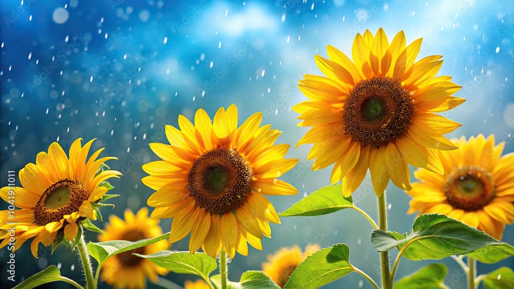 Yellow sunflowers with leaves on blue background with raindrops Yellow sunflowers with leaves on blue background with raindrops