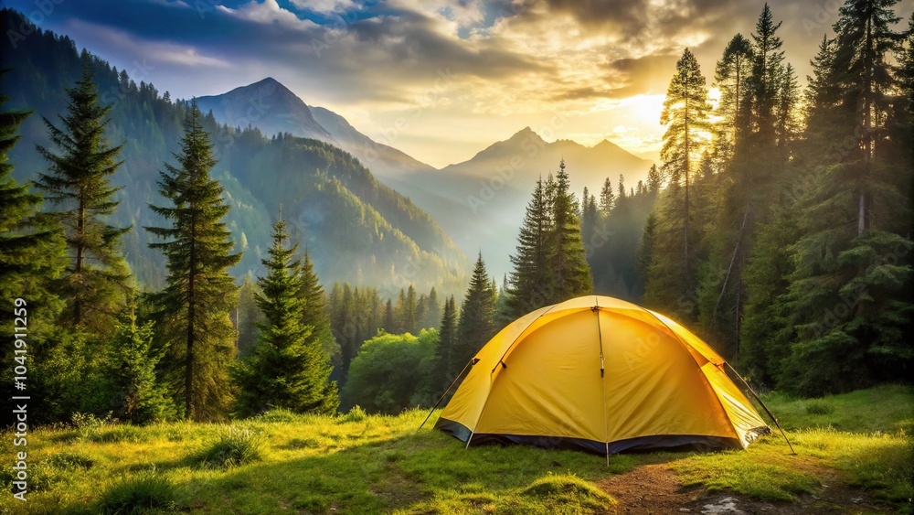 yellow tent near mountains in a forest yellow tent near mountains in a forest