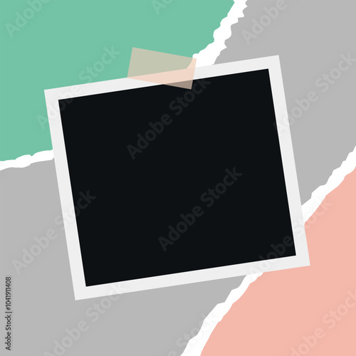 Photographic print taped with sticky tape on cut and torn paper background. Blank instant photo. Vector illustration