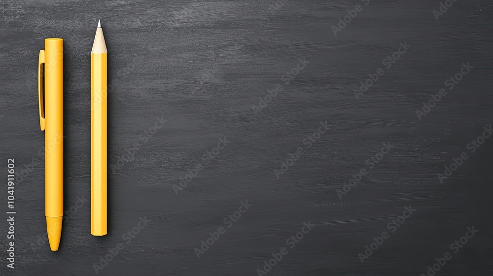 Two yellow writing instruments on a dark surface, showcasing creativity and inspiration for design or educational purposes. Two yellow writing instruments on a dark surface, showcasing creativity and inspiration for design or educational purposes.