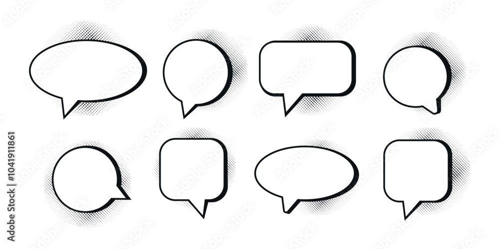 Empty speech bubbles decorated with black halftone shadow in pop art style. Various shapes. Vector illustration Empty speech bubbles decorated with black halftone shadow in pop art style. Various shapes. Vector illustration