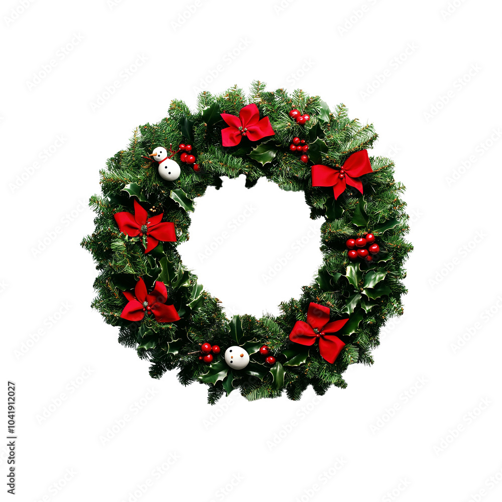 Christmas Wreath with Red Bows and Snowmen Ornaments Christmas Wreath with Red Bows and Snowmen Ornaments