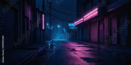 Dark Empty Street with Neon Reflections on Wet Asphalt and Smoky Night Atmosphere