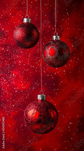 Three red christmas ornaments hanging from a string on a red background photo